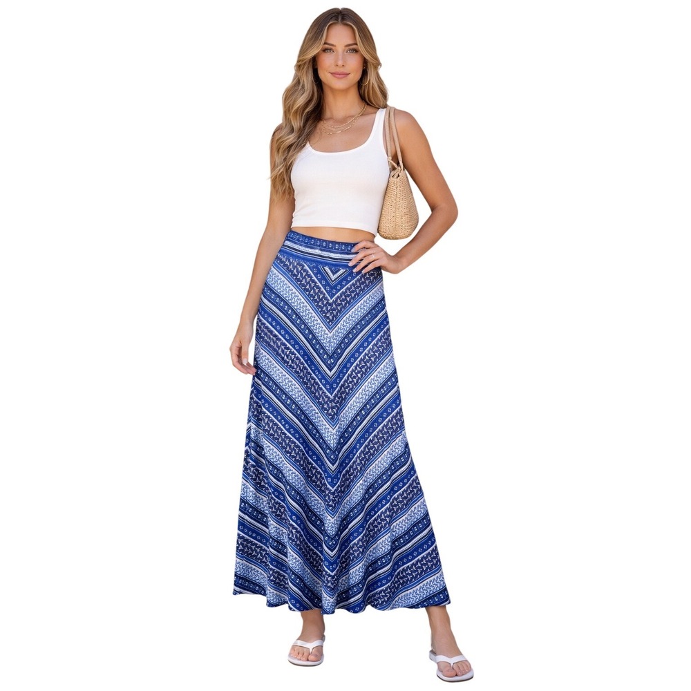 Westport Blue White Chevron Boho‎ Coastal Jersey Knit Flare Maxi Skirt Large L